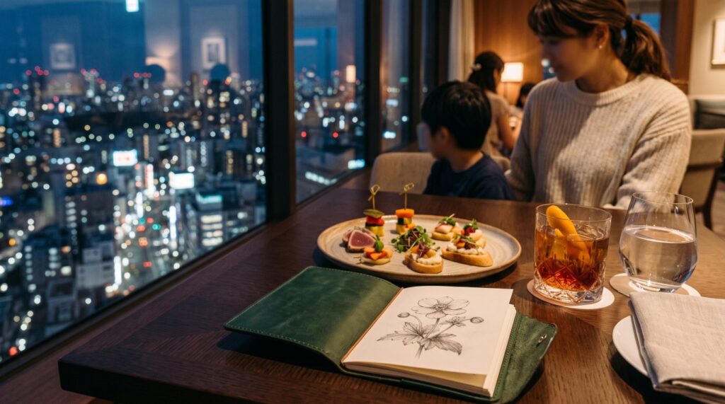 エグゼクティブラウンジの窓際席から望む夜景と軽食のイメージ